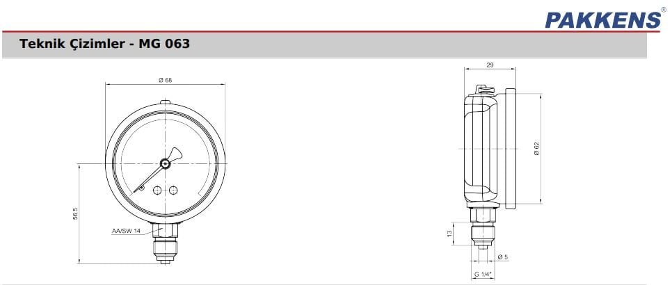 63mm alttan çıkışlı gliserinli manovakummetre teknik resmi